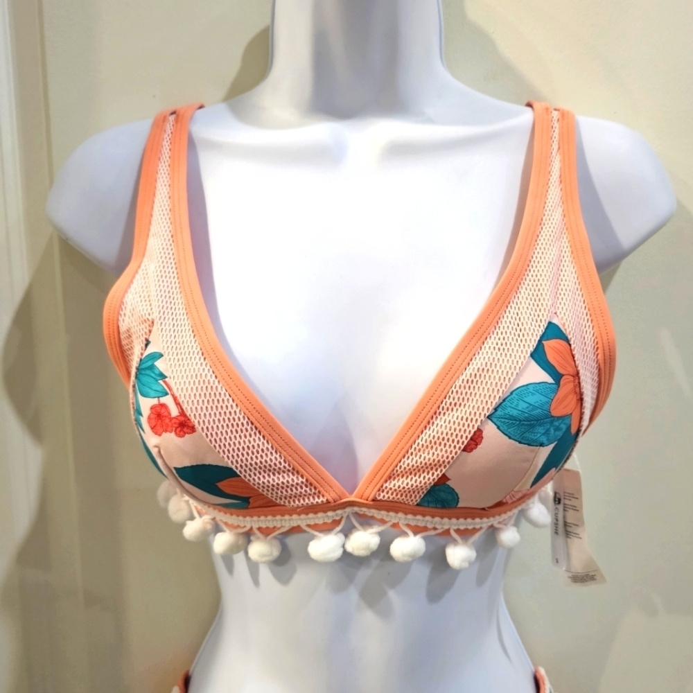 Cupshe ✦ Coral Floral Bikini Set ✦ Pom Pom Trim Adjustable Triangle Top S NWT - Picture 11 of 17